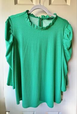 Adrianna Papell Green & White Polka Dot Ruffled Mock Neck Blouse